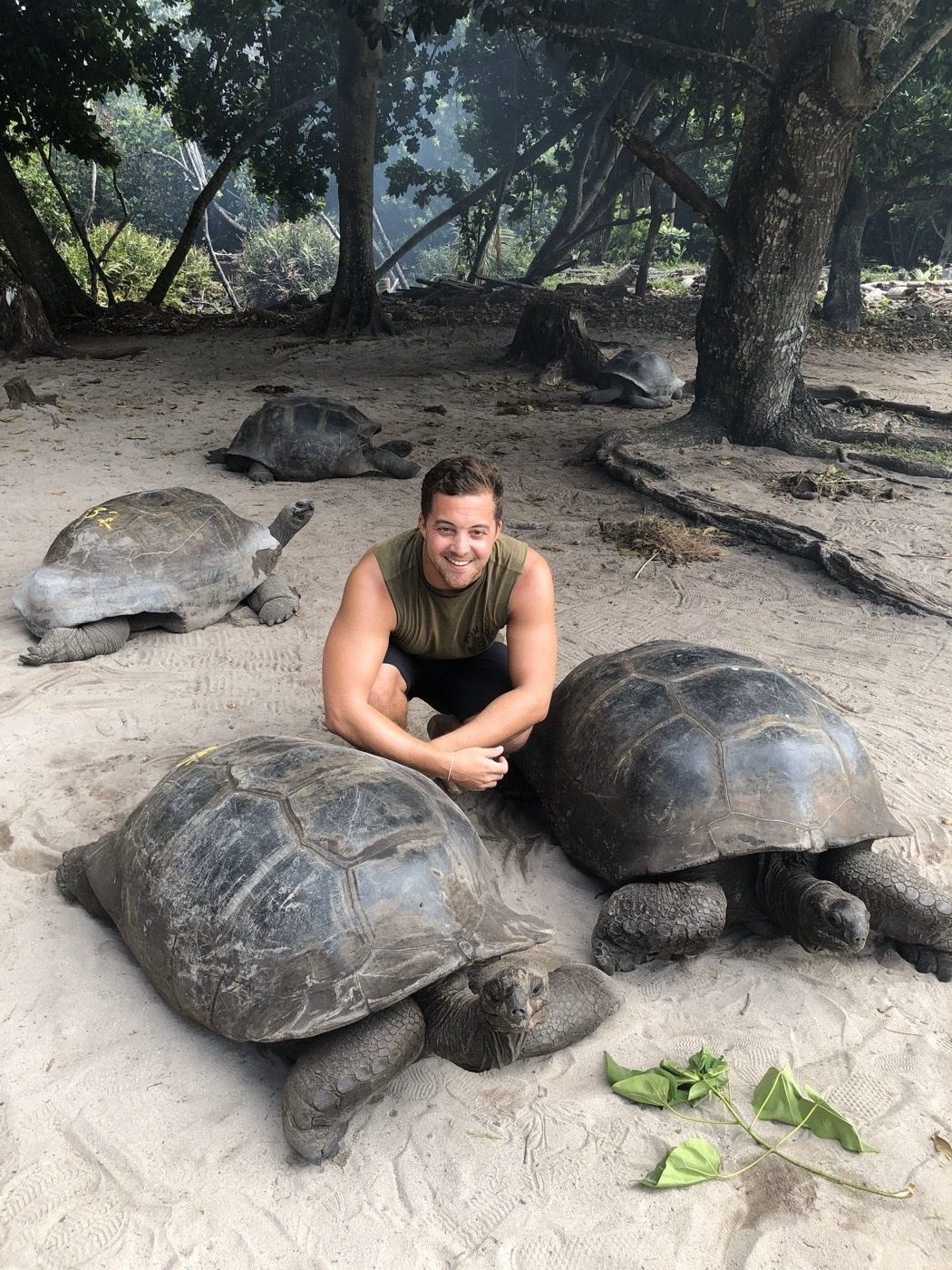 Mike sitting among giant tortoises in the Seychelles